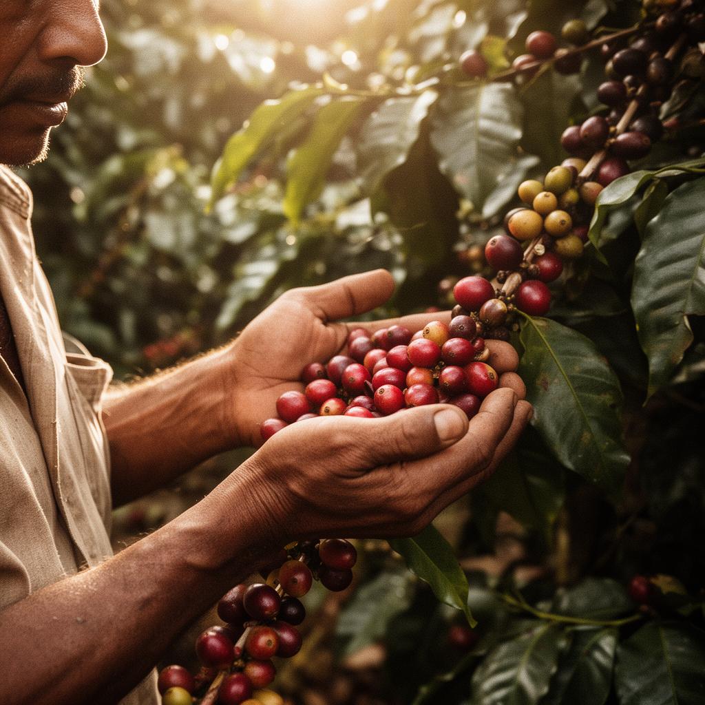 Producteur de café tenant des cerises fraîchement récoltées